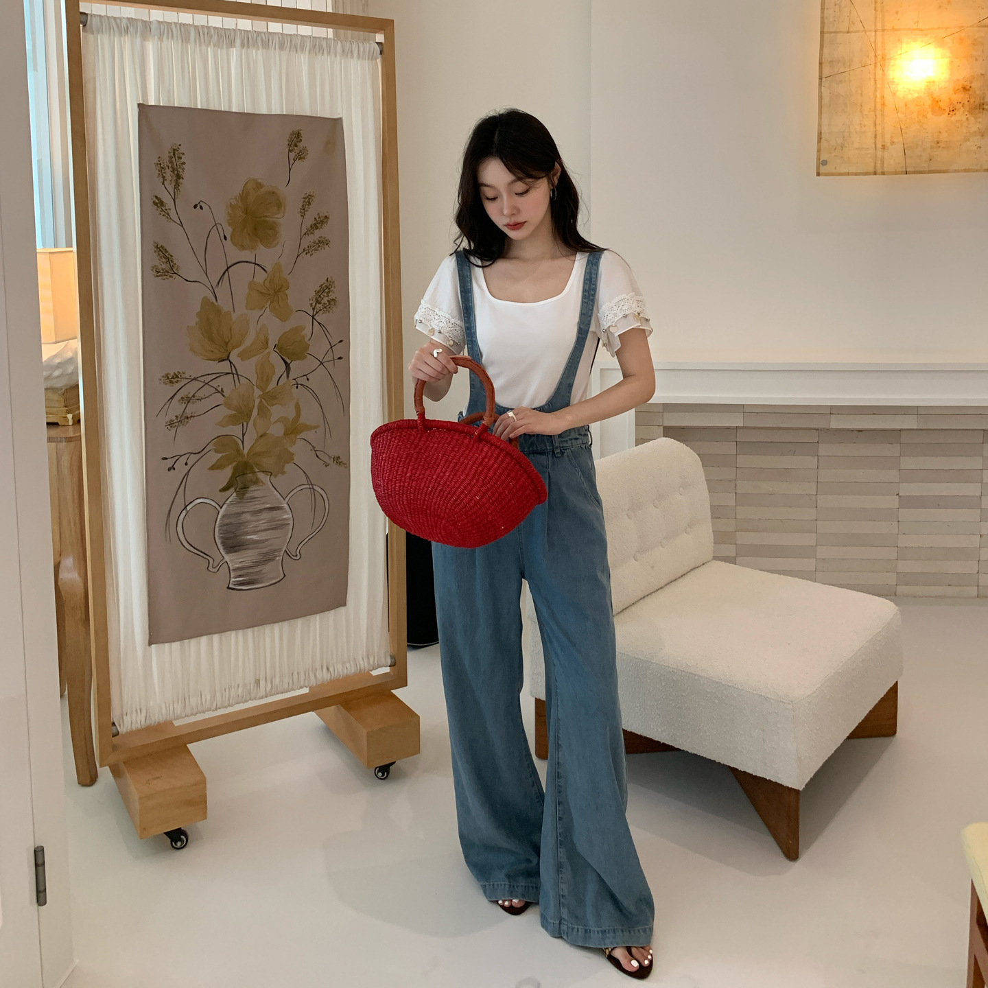 25夏复古港风牛仔裤棉宽松直筒背带裤女S5322