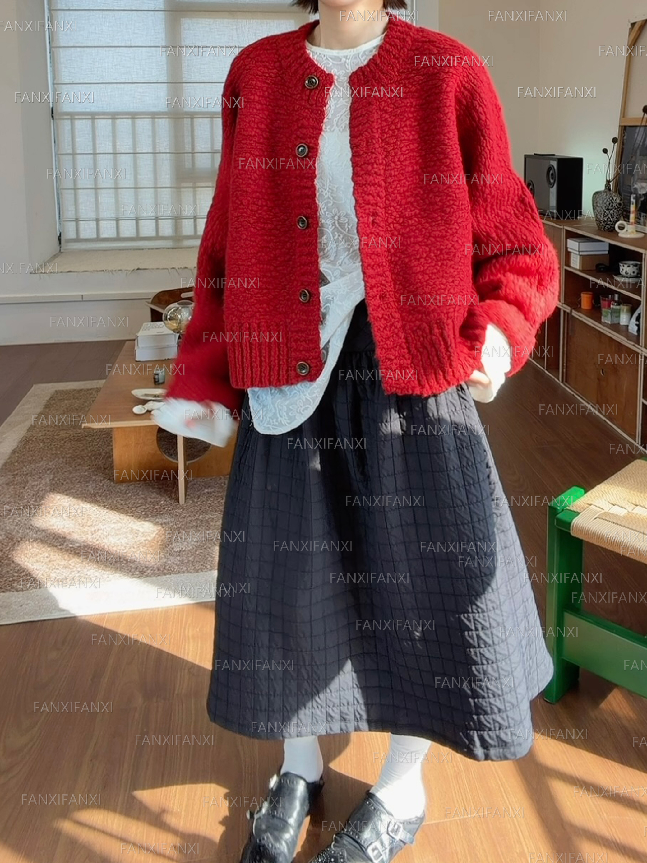 2025重磅手工棒织圣诞新年红色加厚毛衣百搭宽松显瘦开衫外套WT18