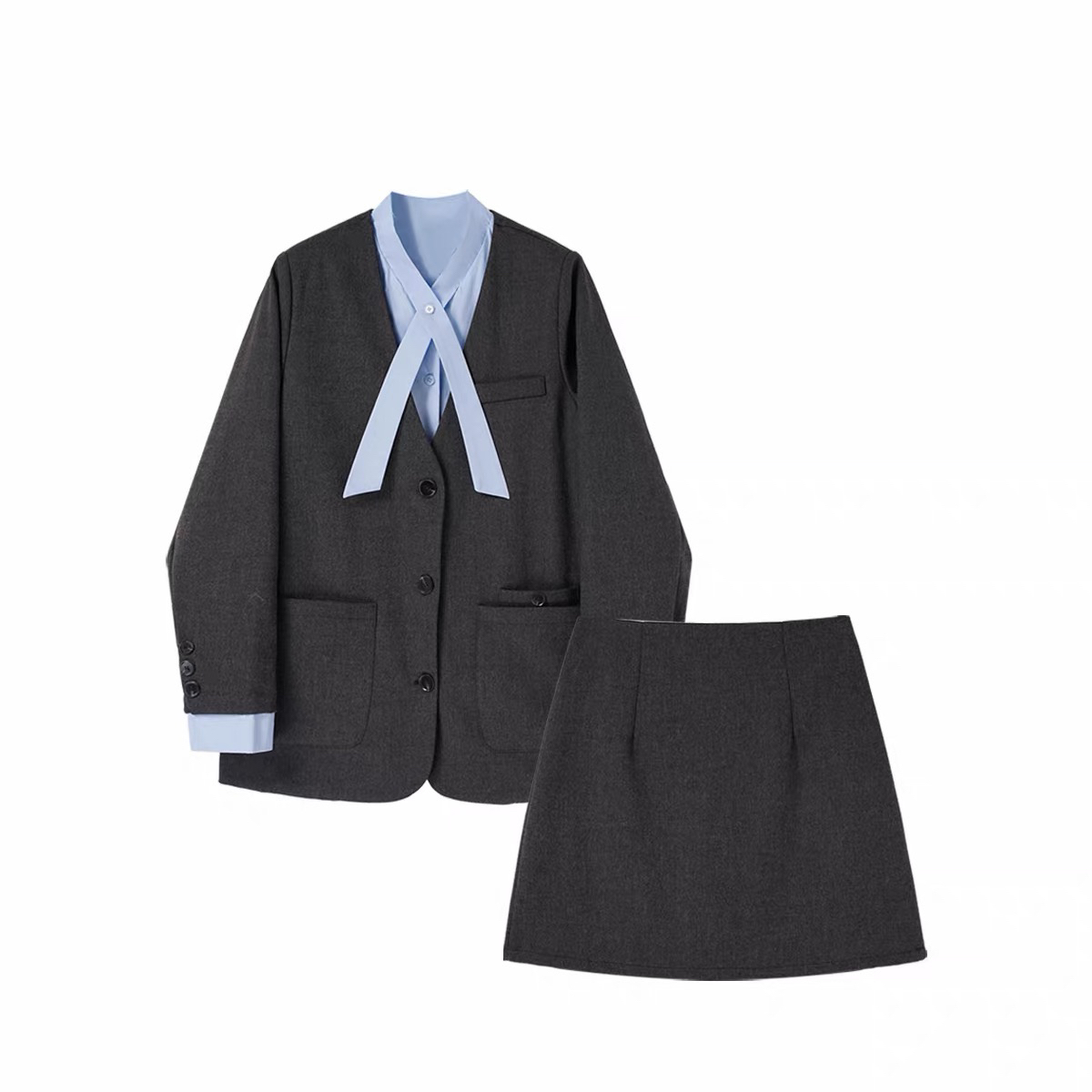 学院风西装套装女冬季新款假两件时尚外套高腰半身裙两件套