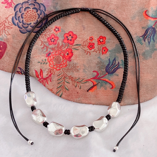 吊坠925银 手工银光面四季平安锁骨链纯银四季豆精编黑绳个性项链