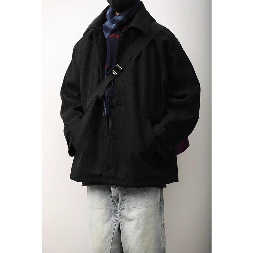 2025男款宽松休闲翻领毛呢外套春秋季潮流百搭高品质日系复古夹克