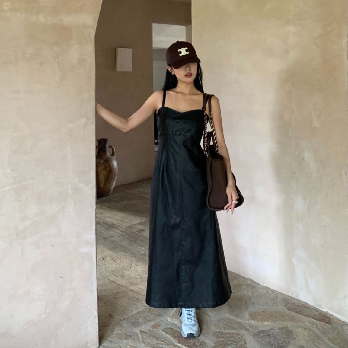 秋季复古气质叠穿显瘦黑色皮裙吊带裙女83069