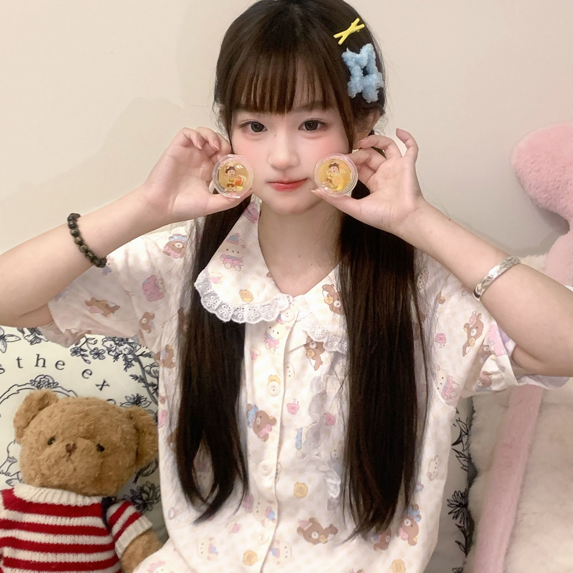 ins睡衣女夏季新款可爱轻松熊娃娃领花边短袖短裤学生家居服套装