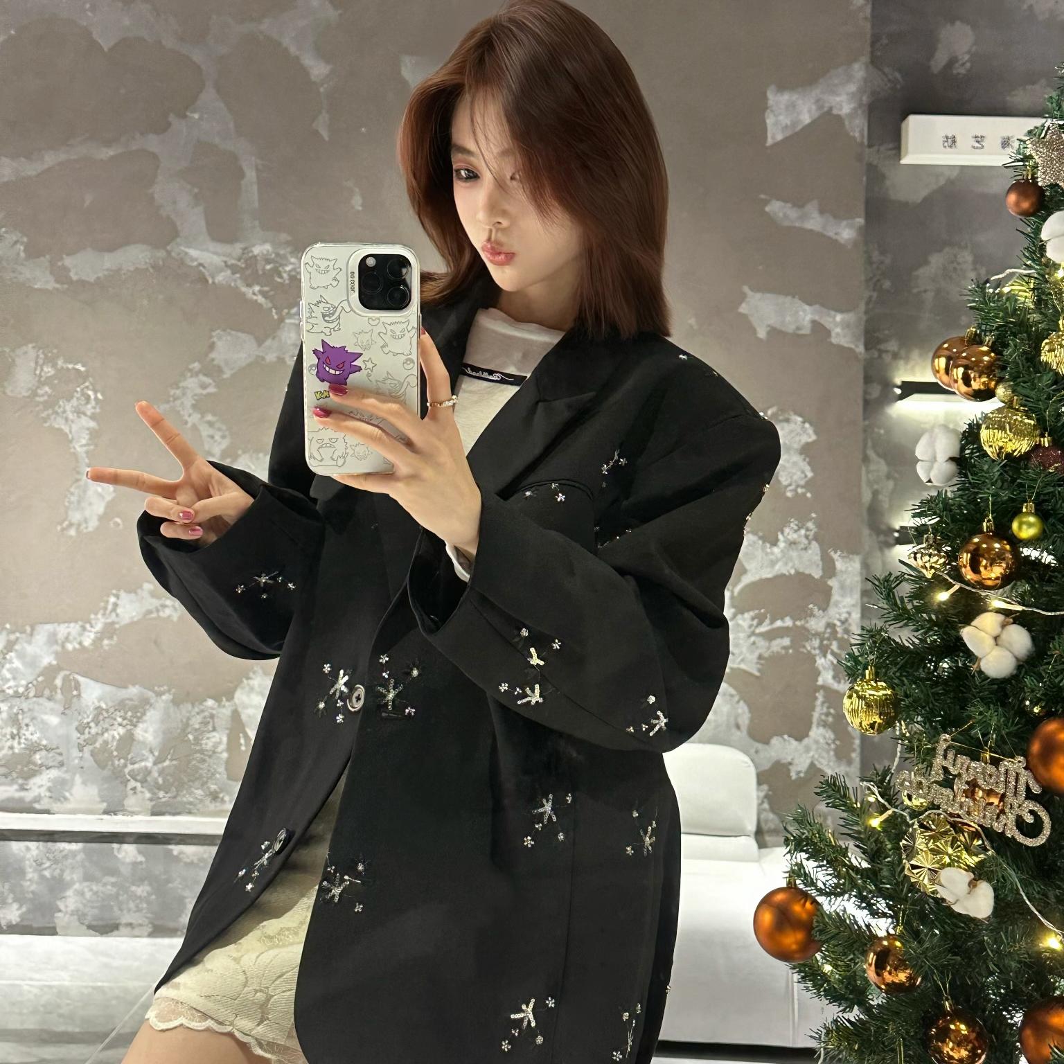 潇潇【秘密花园】黑色花苞西装黑色西服南油设计款气质外套