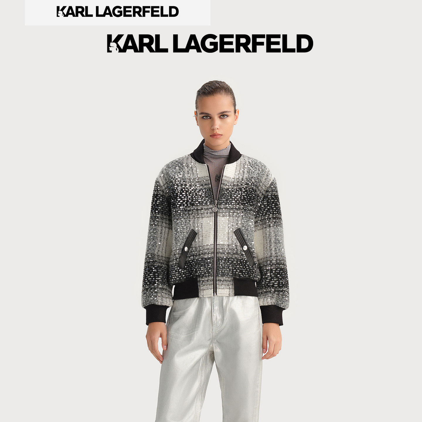 【光光专属】KARL LAGERFELD秋款黑白撞色亮片夹克老佛爷236L1416