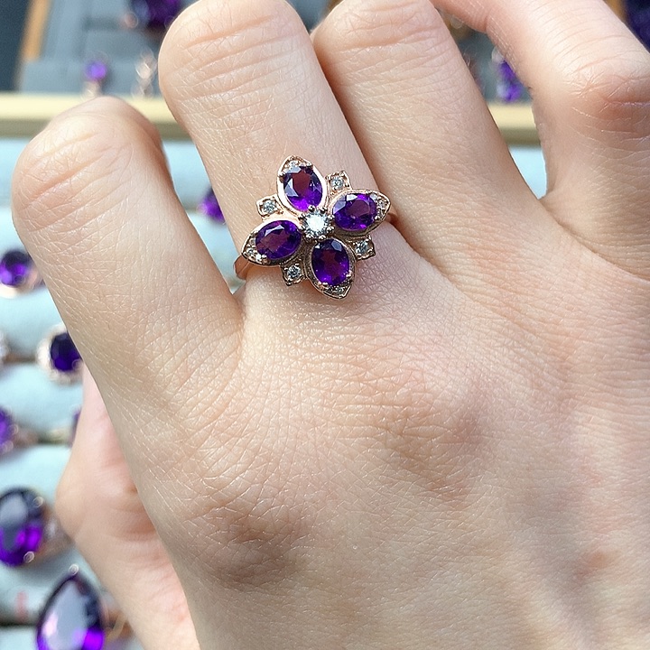 黄晶戒指银S925镶嵌天然紫水晶