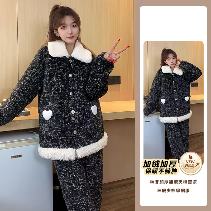 2025冬季新款高定高档女士三层夹棉睡衣女套装保暖加绒加厚家居服