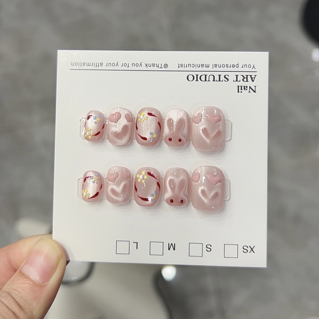 【软萌小兔】粉猫眼纯手工穿戴甲美甲贴片可拆卸穿戴式10片装A214