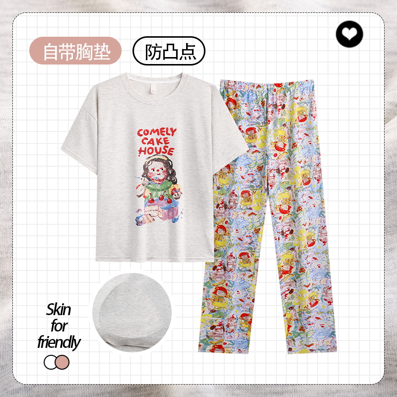 夏季新款睡衣女带胸垫套头短袖长裤可外穿休闲家居服套装22679