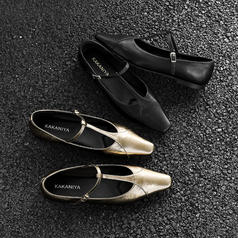 现货 头层牛皮金色尖头平底鞋女2025新款一字扣法式真皮单鞋女