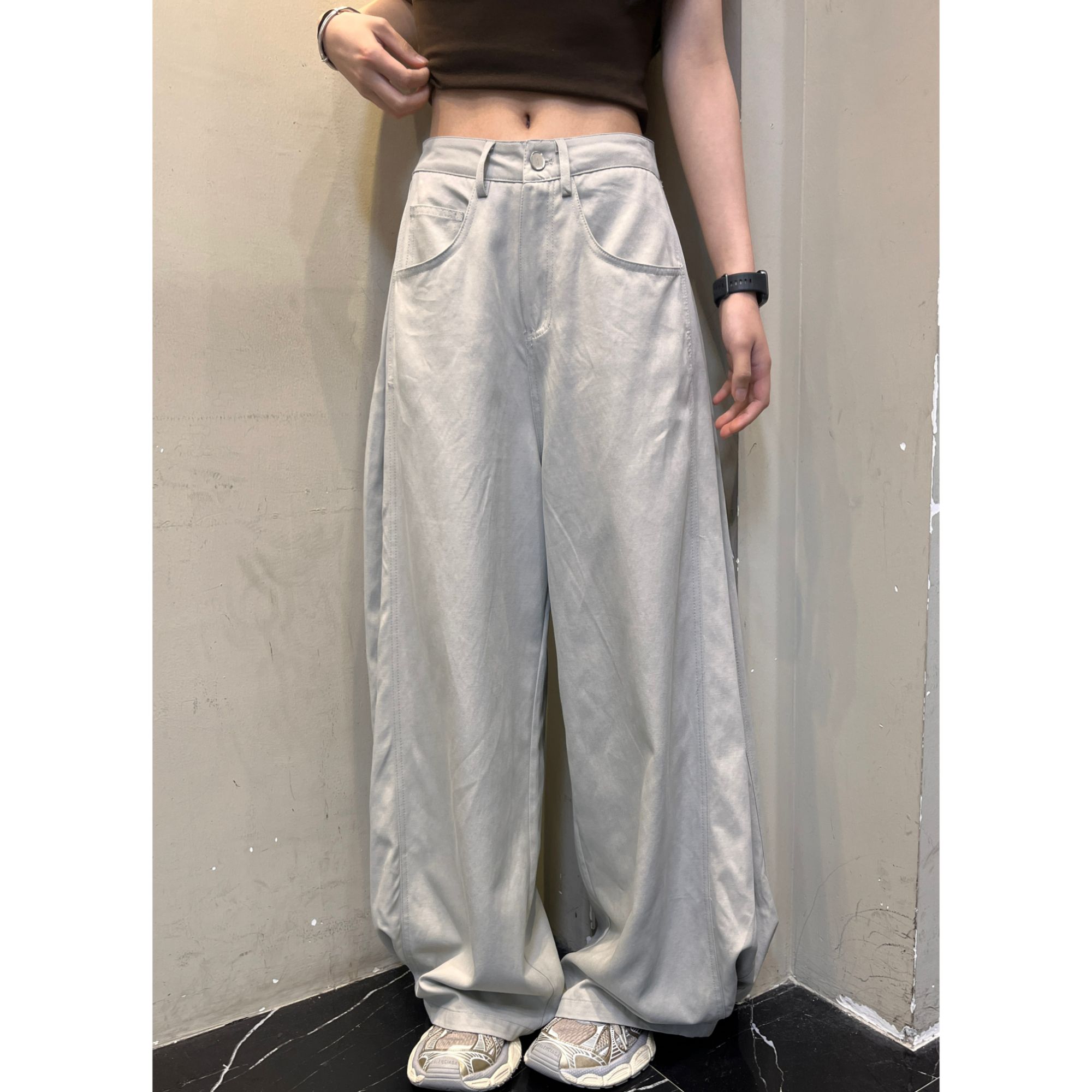 范范与凡凡【松弛配方】宽松压褶弯刀简约灰白色裤子夏季舒适阔腿裤