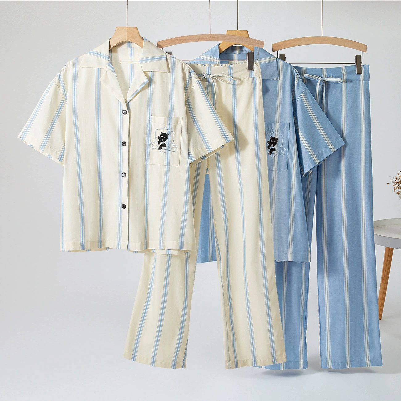 时梦也【野-SP】黑豹刺绣夏季时尚天丝短袖长裤情侣睡衣套装可外穿