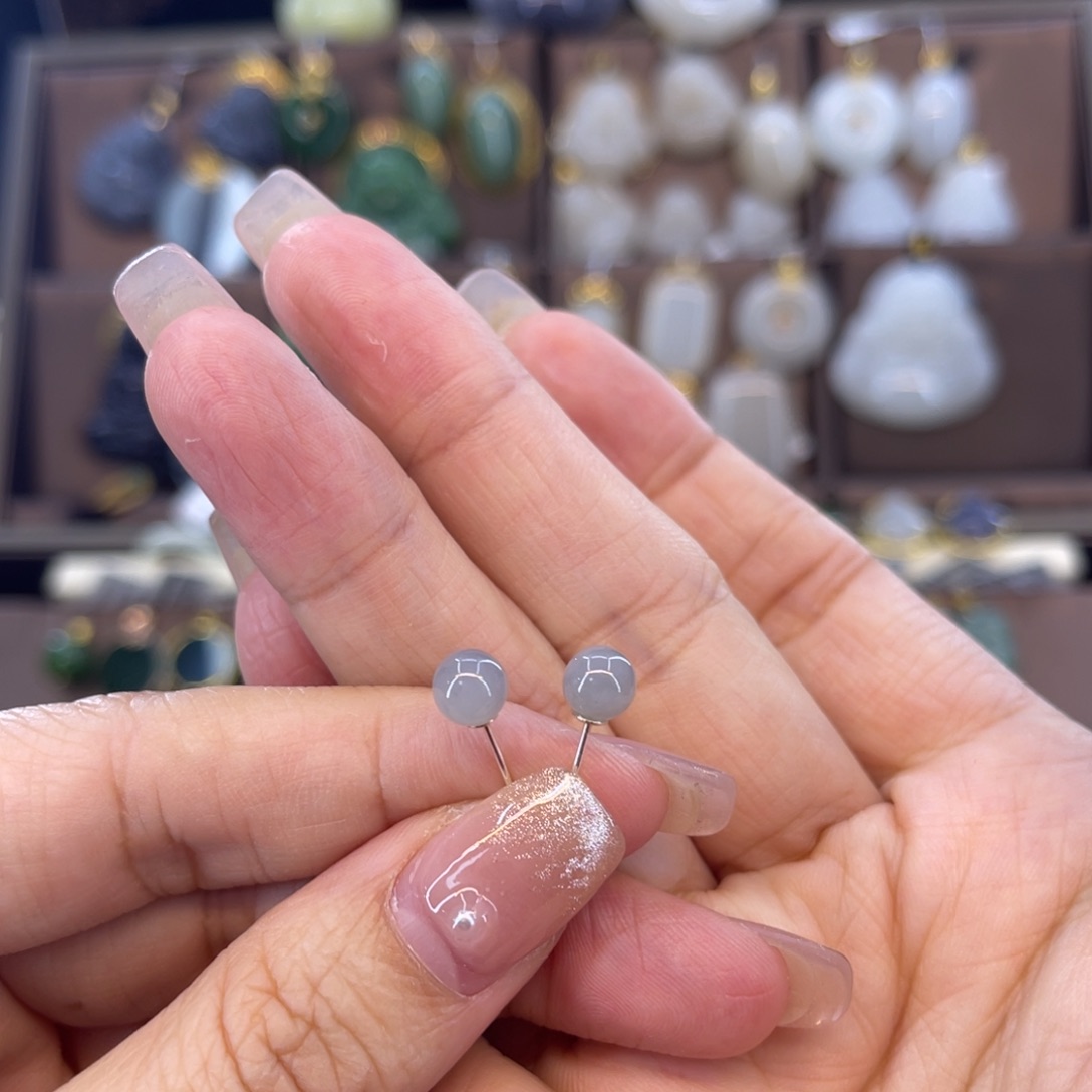 和田玉耳钉银S925镶嵌