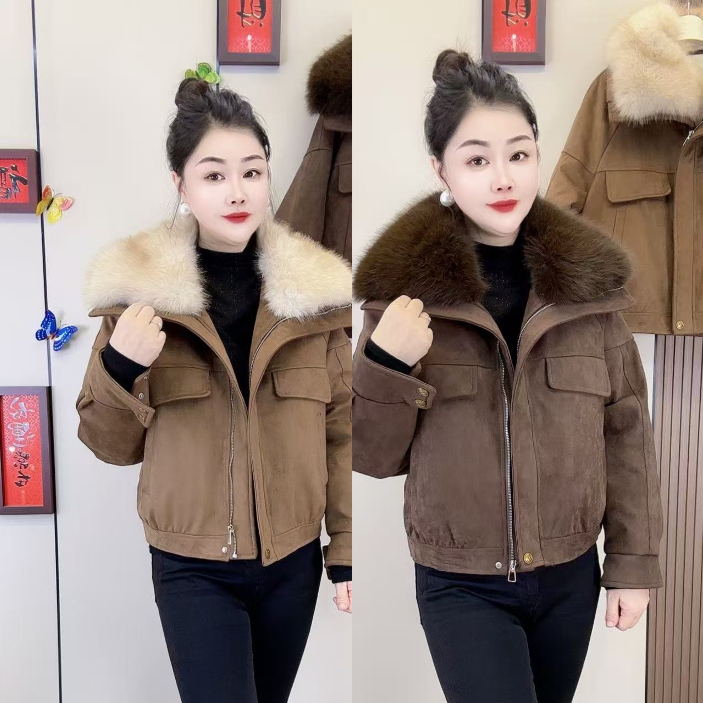 叶8652款鹿皮绒休闲加绒洋气外套