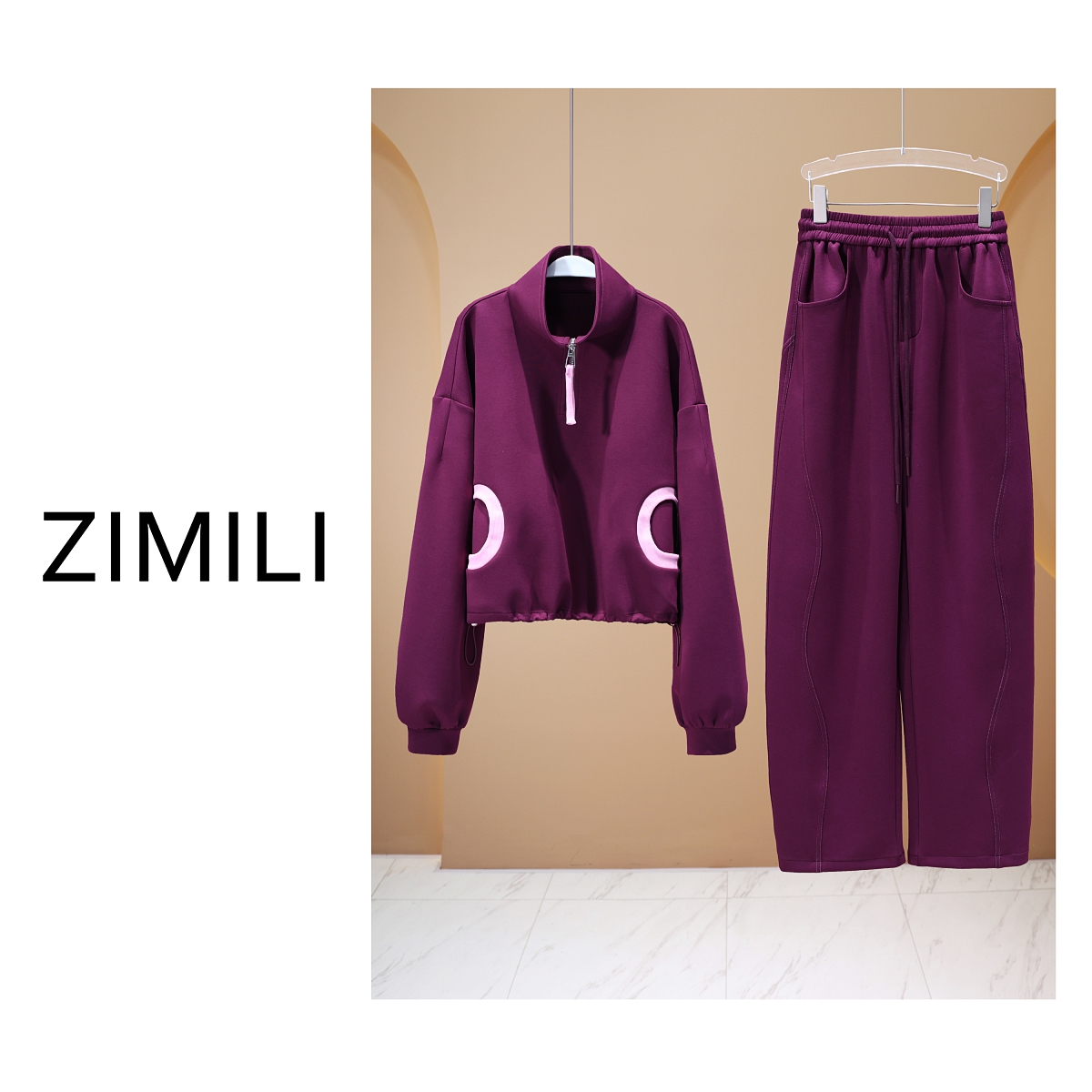【LIANG哥女装】2025欧货海象紫撞色半拉链高领卫衣套装6210