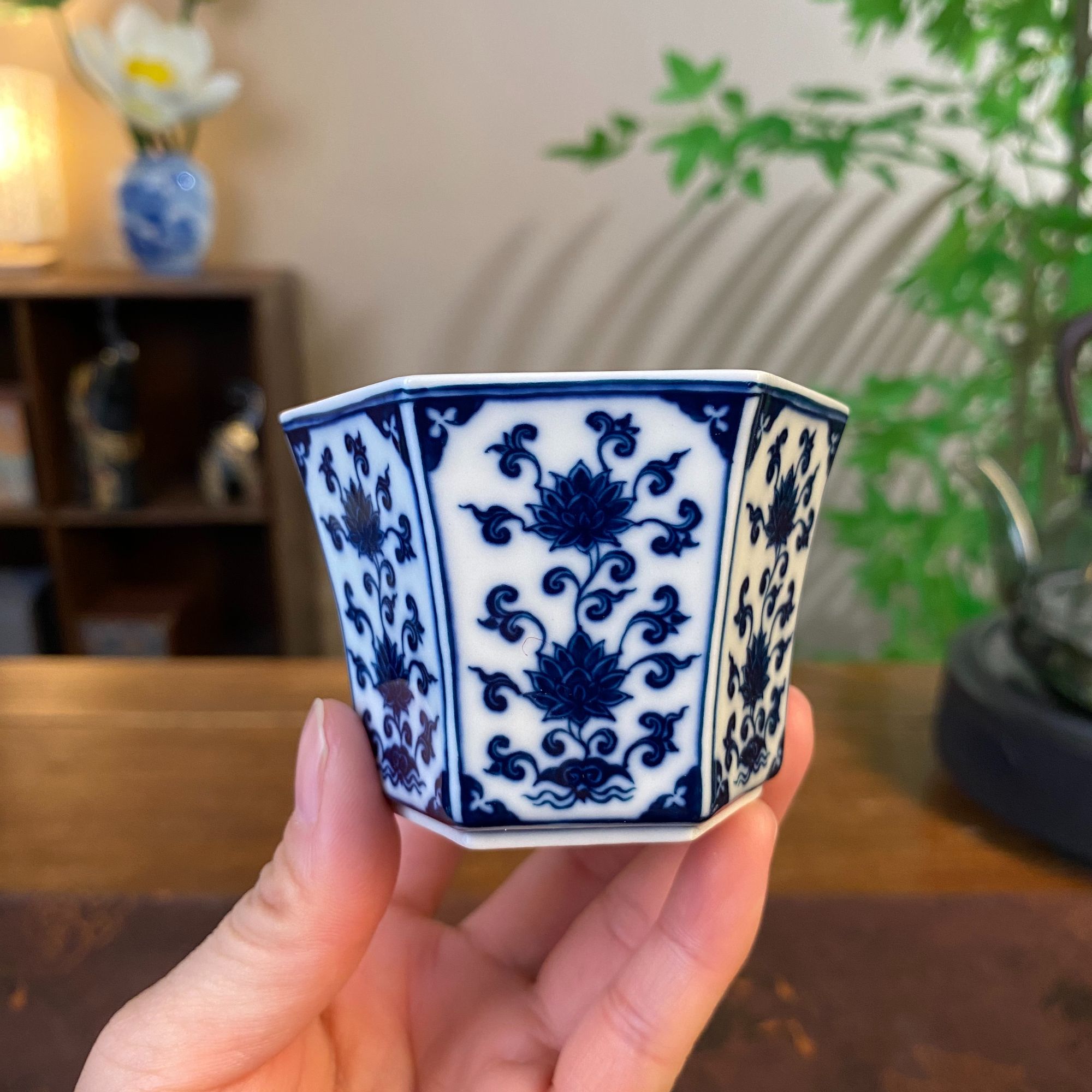【记石柴窑】一束莲缠枝莲六方杯手工手绘景德镇茶具