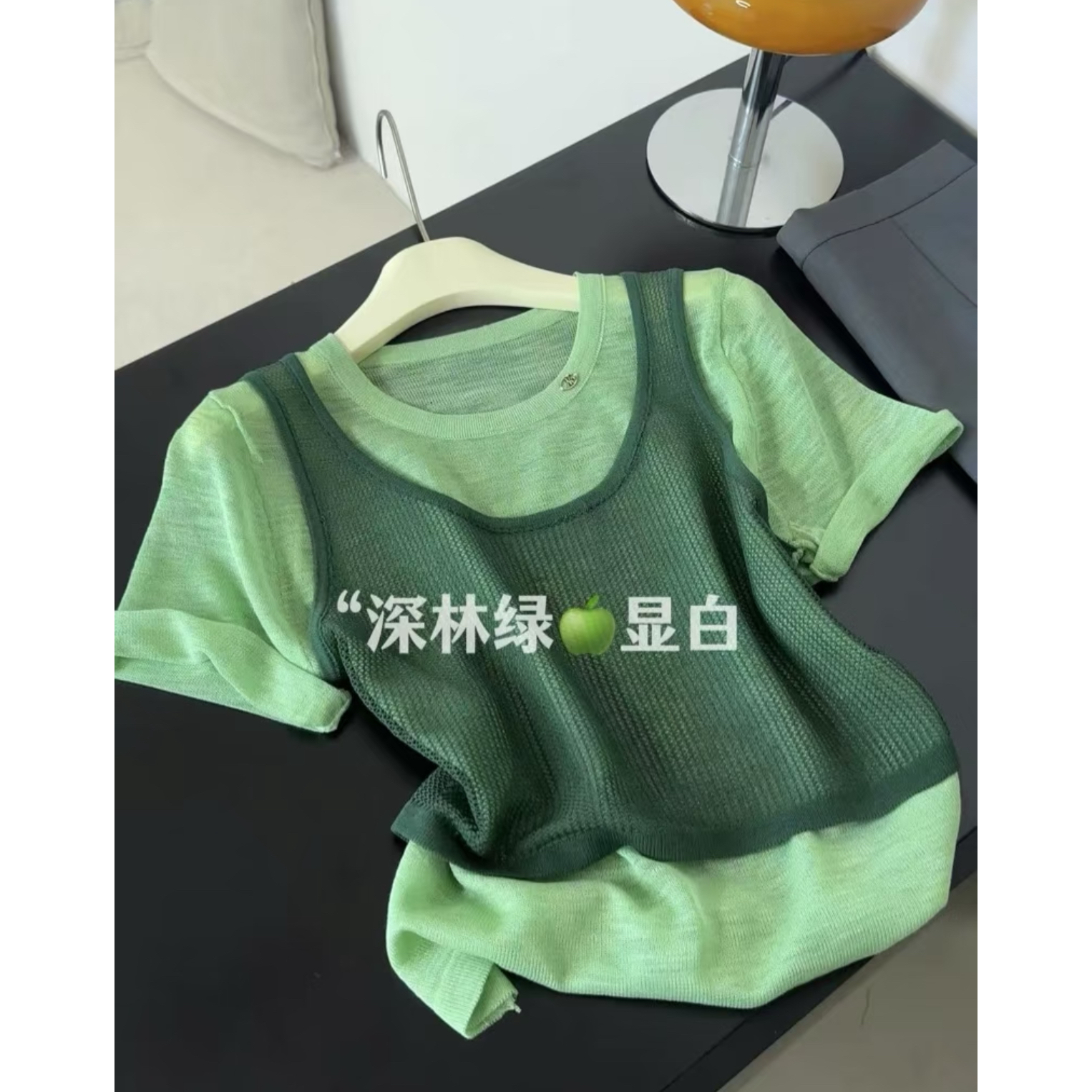 韩系撞色假两件针织短袖t恤女夏季设计感独特减龄宽松显瘦小上衣