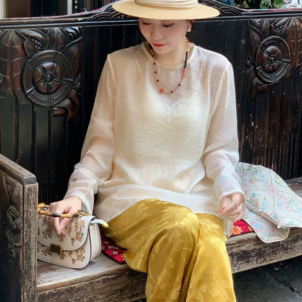 【依燃】（圆领钉珠）国风百搭时尚宽松提花别致圆领简约上衣