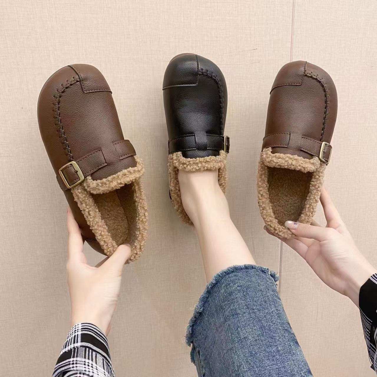 真皮2025冬季新款加绒豆豆鞋女休闲防滑棉鞋外穿保暖软底毛毛鞋