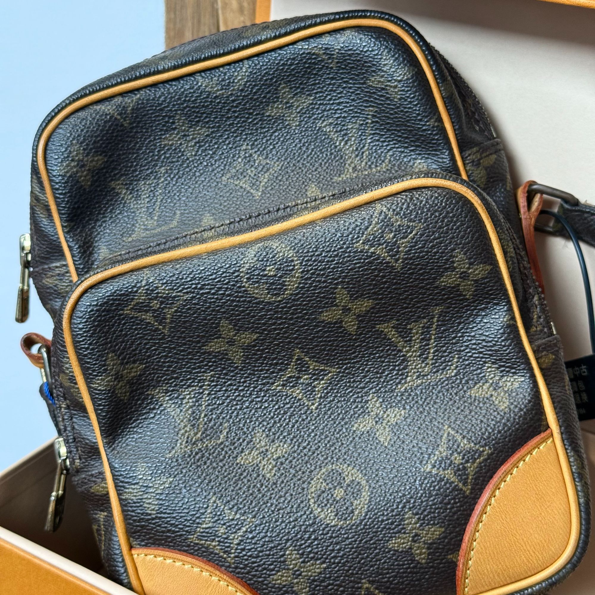 90新 LouisVuitton/路易威登 中古老花竖版双层相机斜挎包