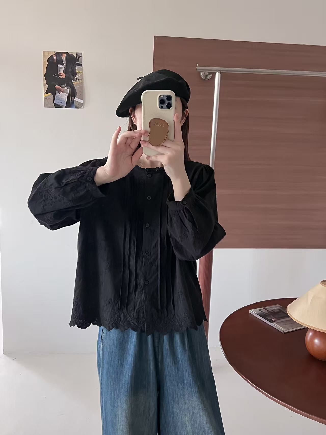 秋季新款拼接镂空花边单排扣立领长袖衬衫女士上衣6660