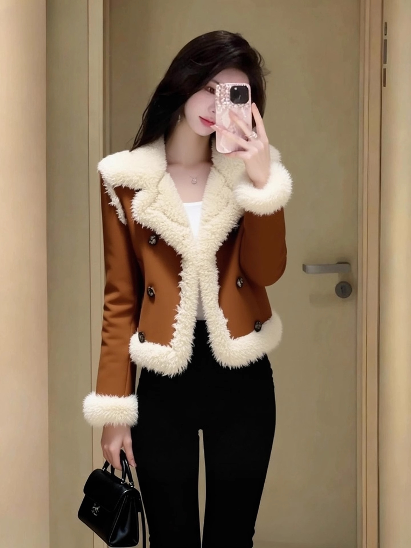 美拉德棕色短款加厚羊羔绒外套女2025新款秋冬高级感加绒上衣872