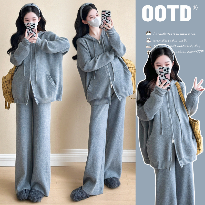 孕妇装显瘦孕期穿搭慵懒风连帽针织毛衣两件套休闲阔腿裤秋冬季