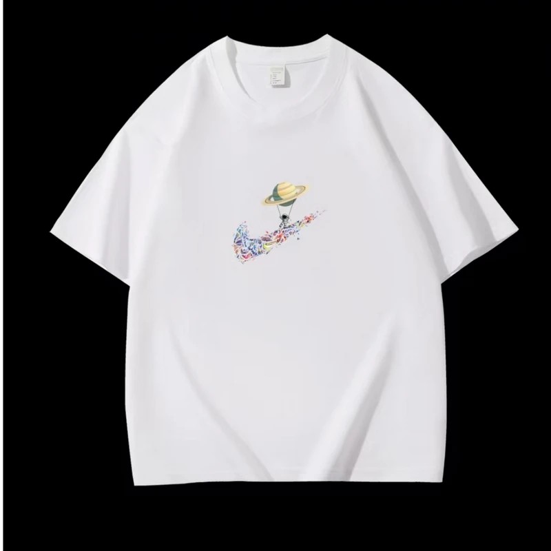 印花短袖常规款圆领格子夏季T恤情侣白色欧若智性风