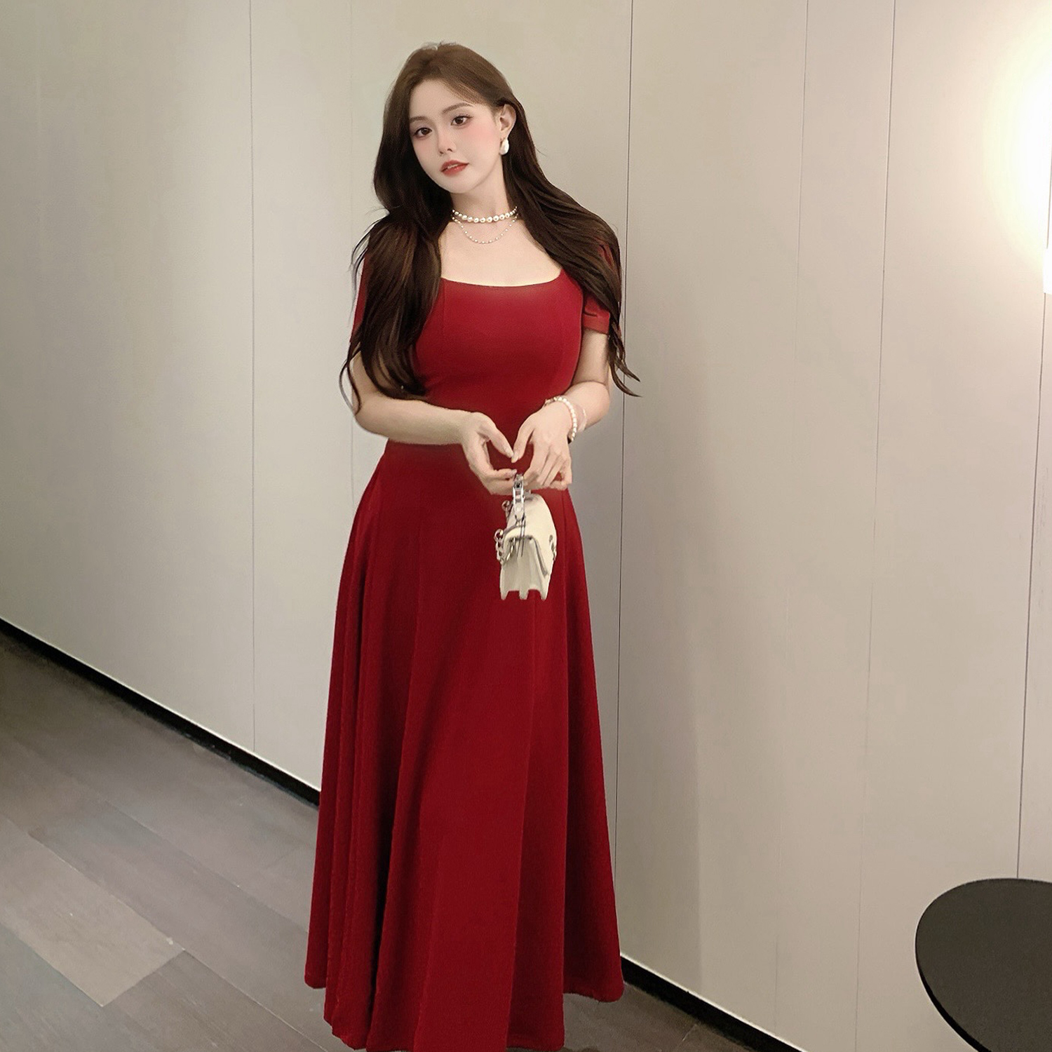 MB大码女装【红酒庄园】法式U领高级感长裙荷叶边收腰显瘦连衣裙夏