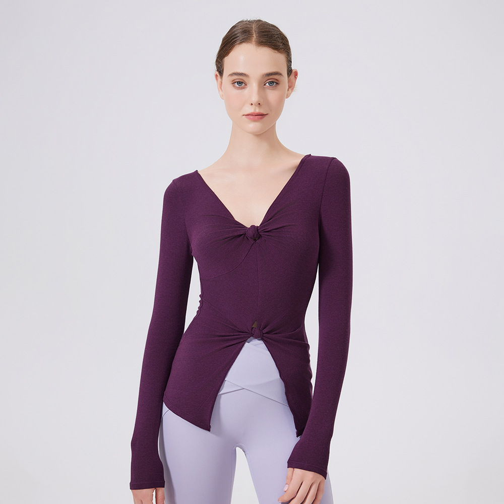 修身双扭结不规则复古纯欲显瘦上衣女外穿健身服跑步瑜伽长袖T恤