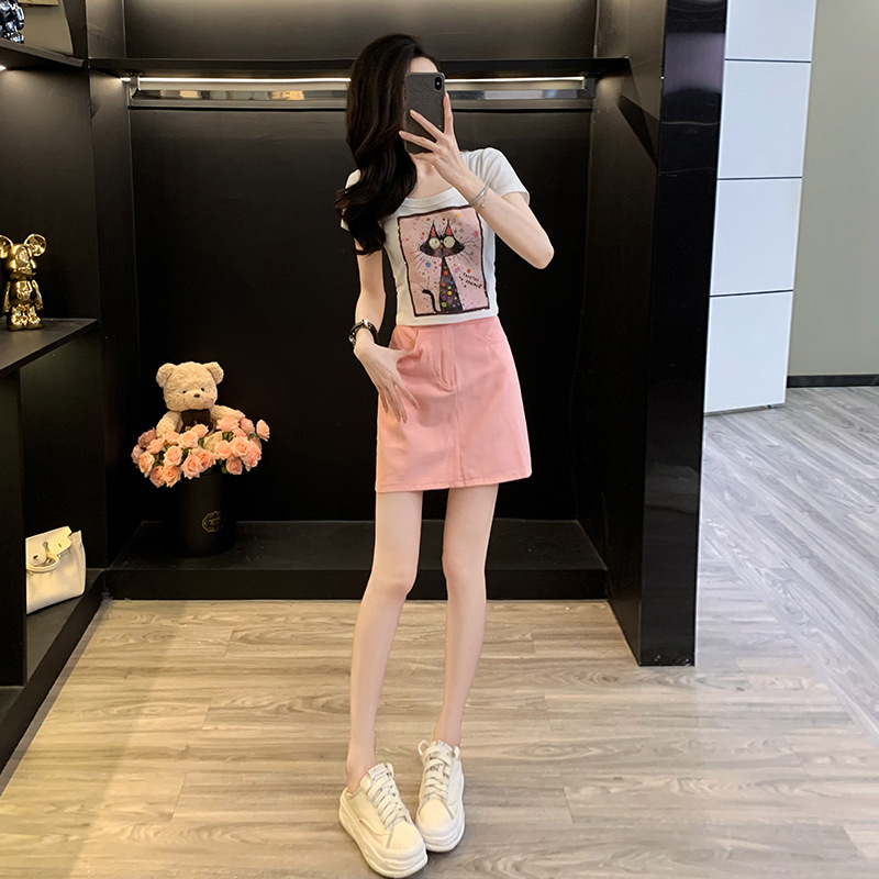 女装夏装套装2025新款爆款猫咪印花正肩短袖t恤女粉色牛仔半身裙