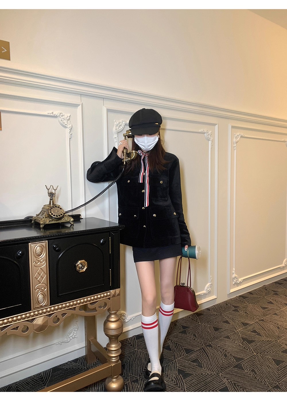 发财宅女同款雪尼尔黑色小香风丝绒外套女休闲宽松翻领多口袋夹克