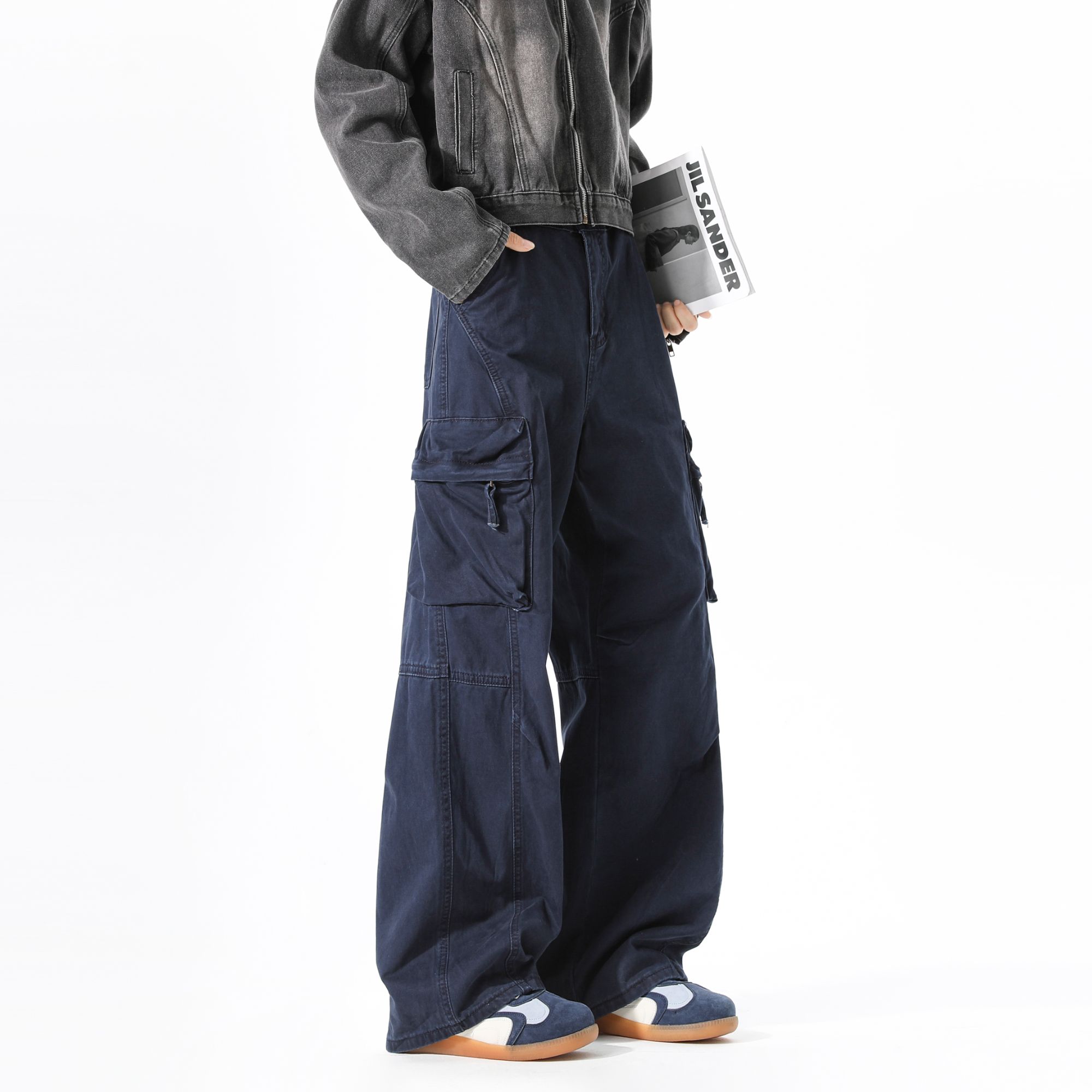 NOMIO美式复古立体口袋直筒宽松百搭蓝色耐磨工装裤男女休闲裤