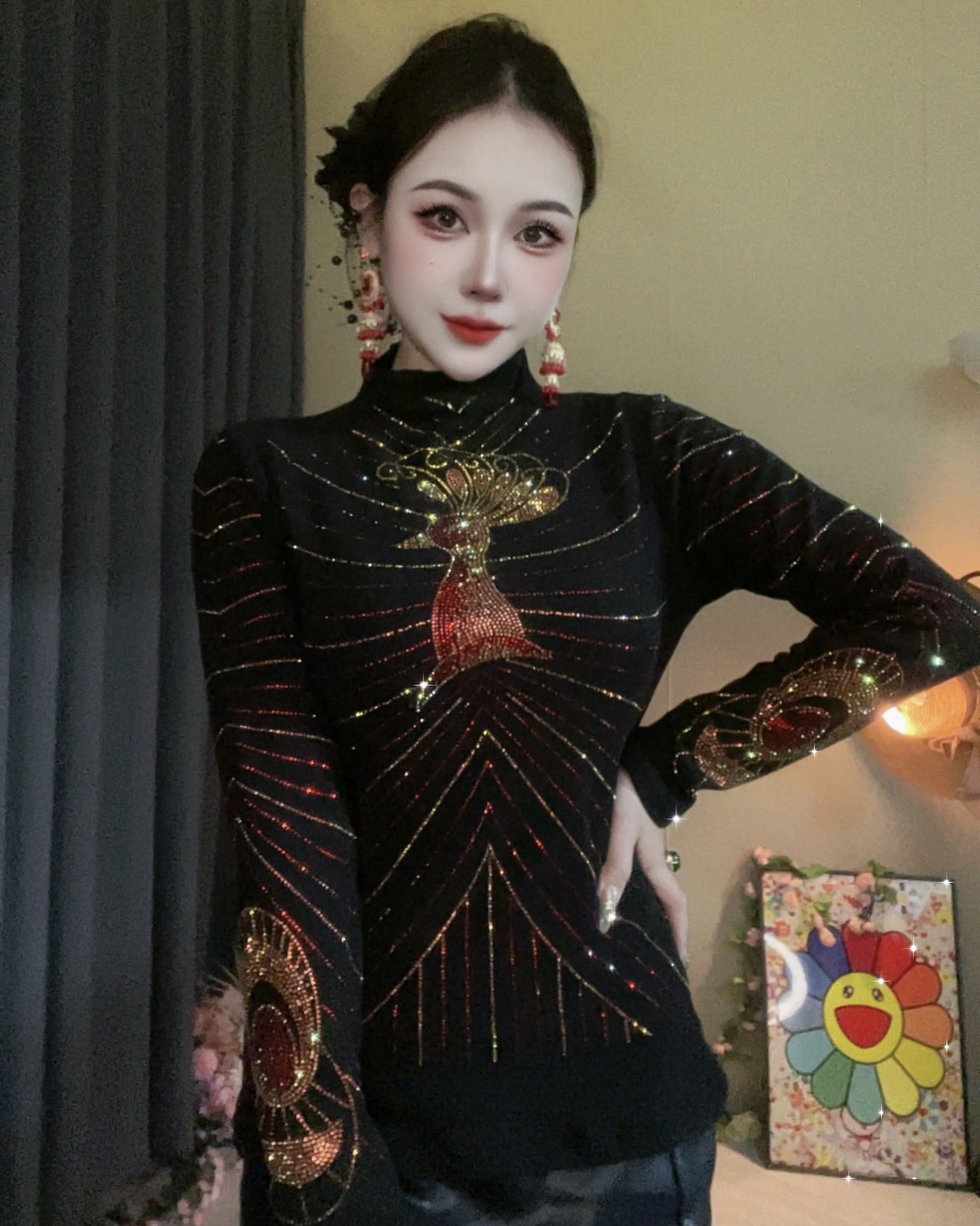 【网红爆款815#双色加绒】打底衫女内搭秋冬时尚烫钻上衣修身显瘦