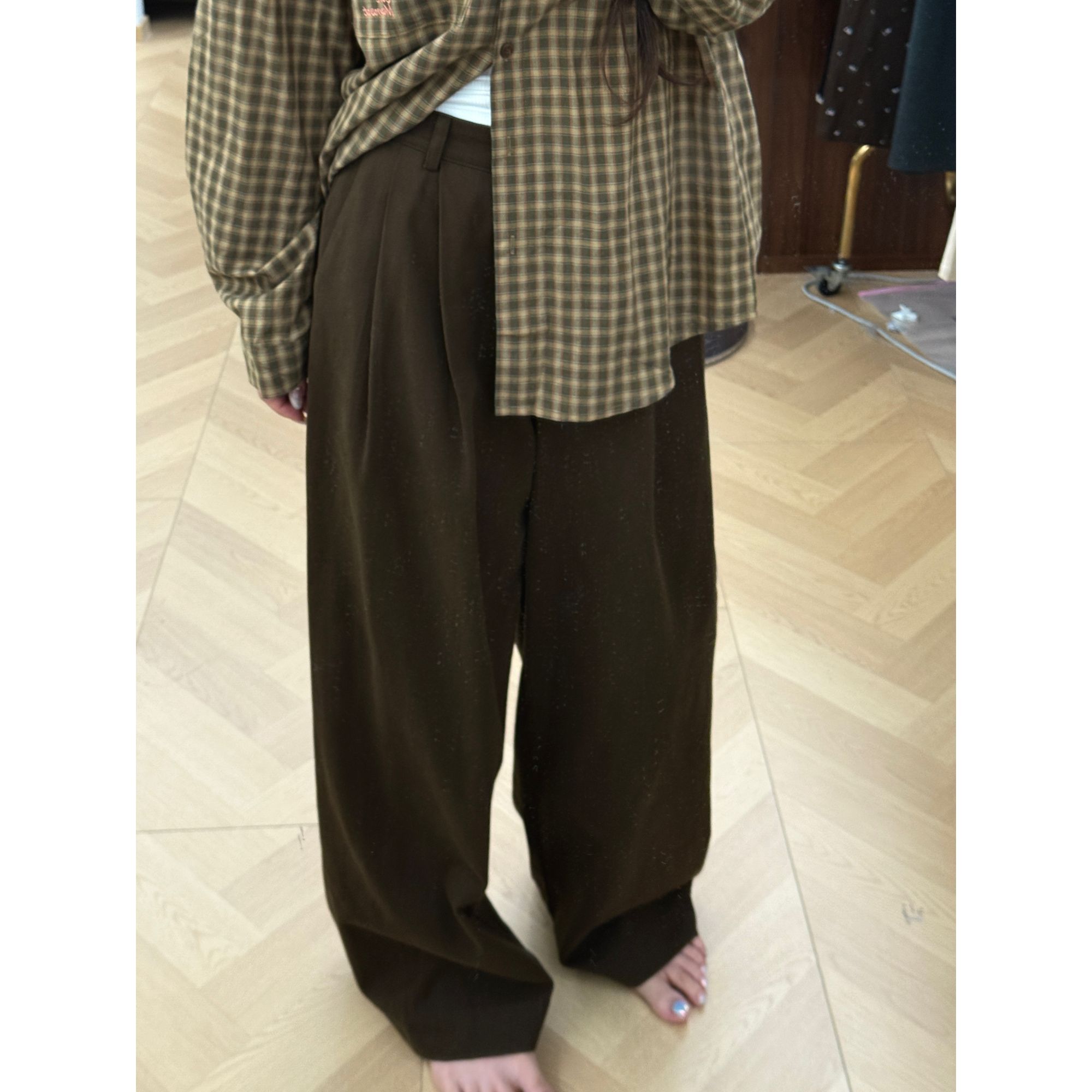 OURMOMENT格纹拼接阔腿裤