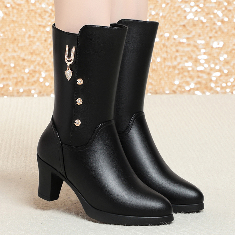 中筒靴女2023新款女秋冬中靴加绒保暖女靴子中老年妈妈鞋子皮棉靴