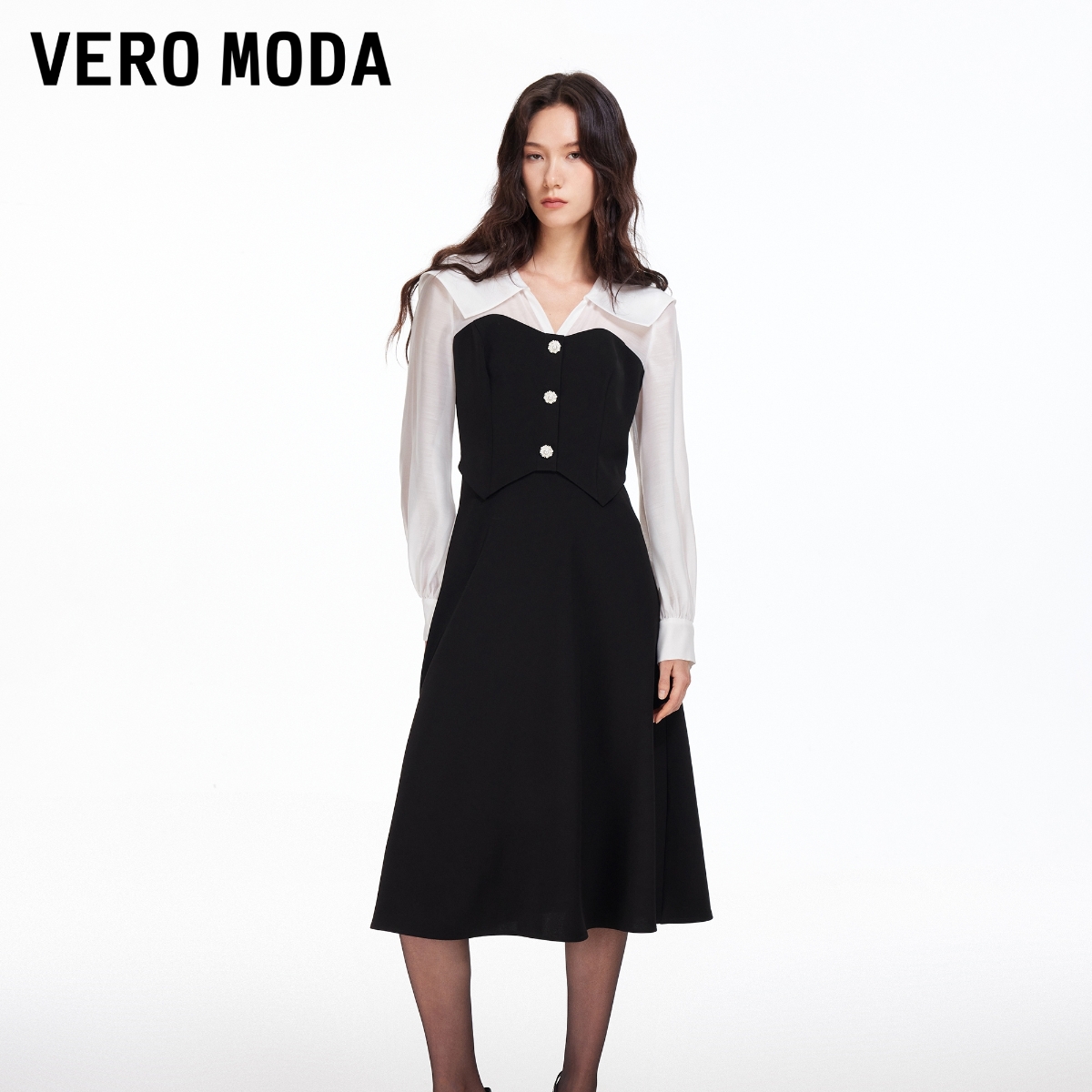 Vero Moda连衣裙【通勤战袍】伞形拼色纽扣装饰翻领中长裙32617D014