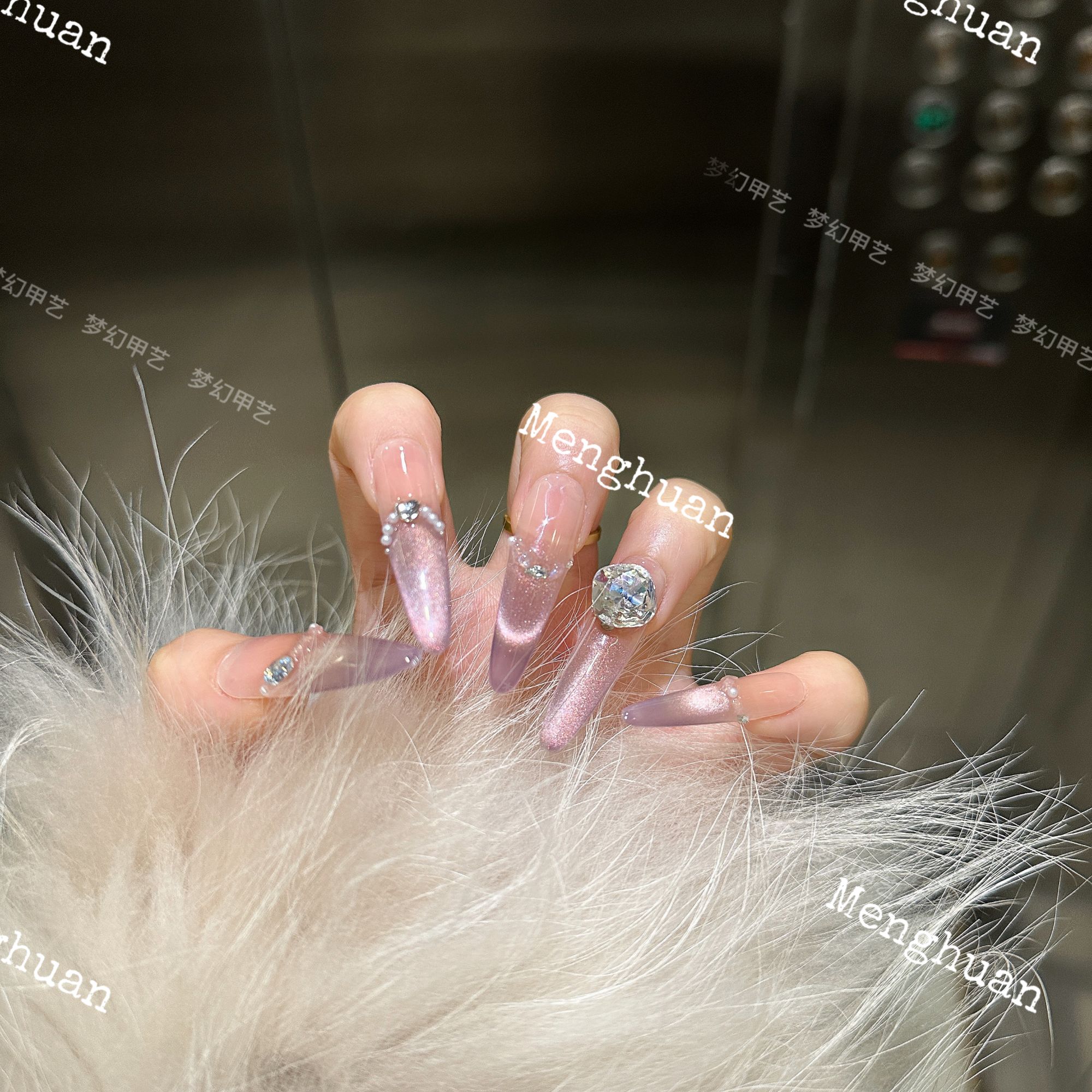 新款秋冬渐变紫色法式猫眼珍珠小碎钻纯手工穿戴美甲长款-872