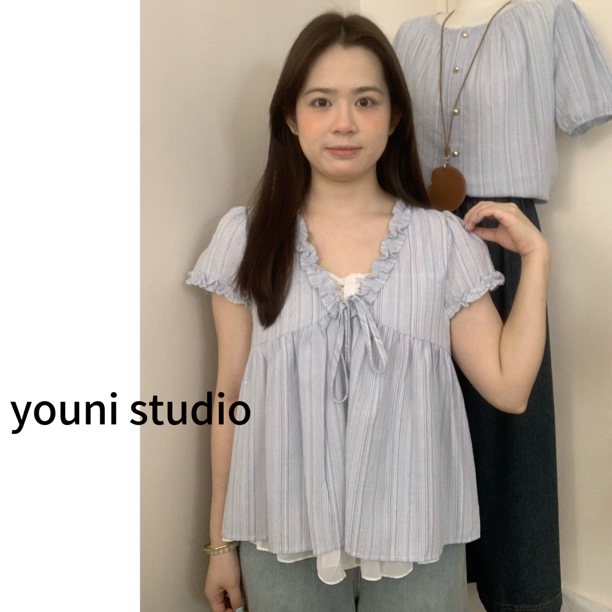【youni】夏款韩系ins风设计款V领假两件小衫