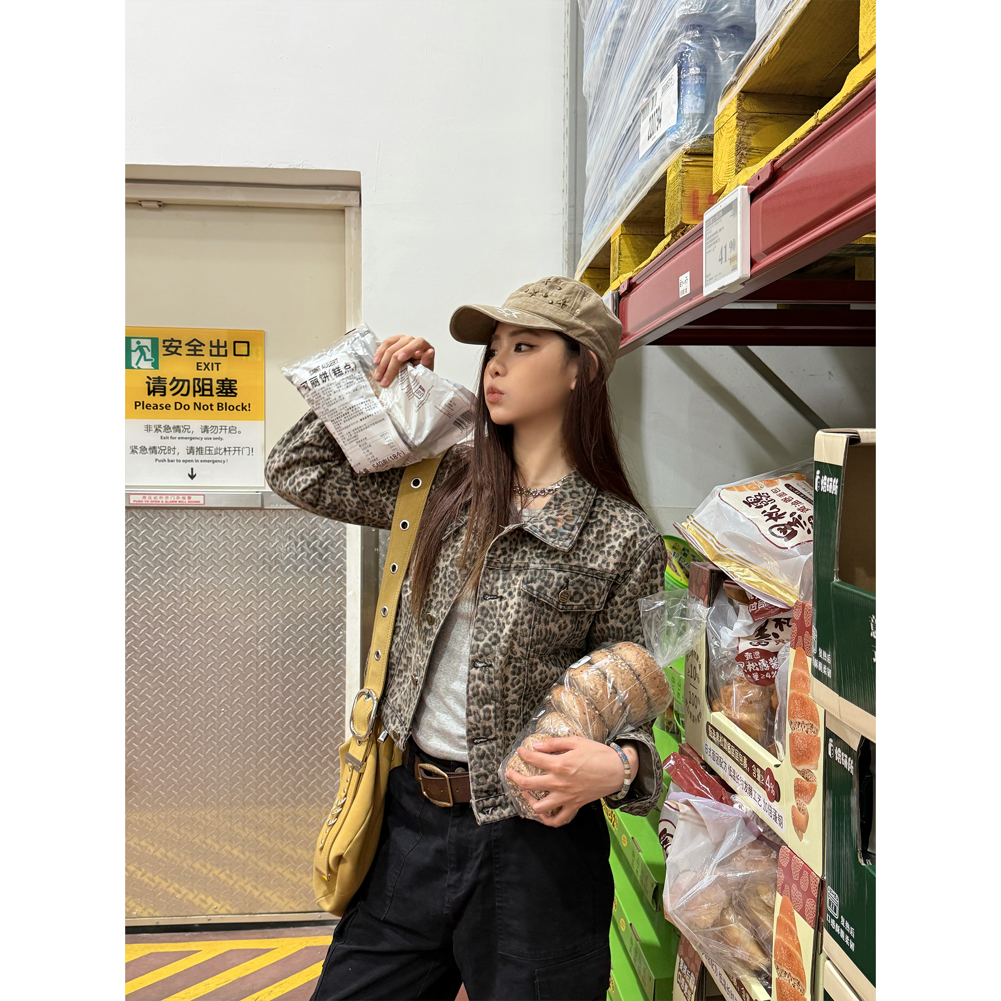 CBL菜不辣美式复古街头休闲个性小众豹纹正肩牛仔外套夹克春秋