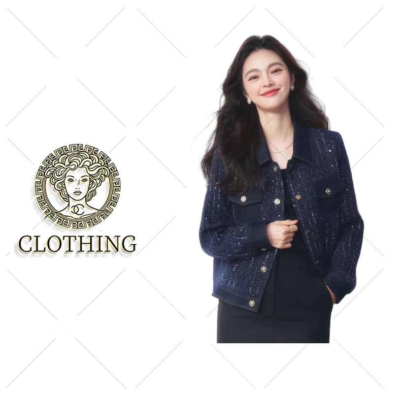 【CLOTHING/原创设计】率性时髦时尚气质牛仔拼接藏蓝夹克-6532