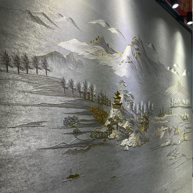 独绣刺绣无缝壁布简约山水客厅电视沙发背景墙布新中式独秀言绣