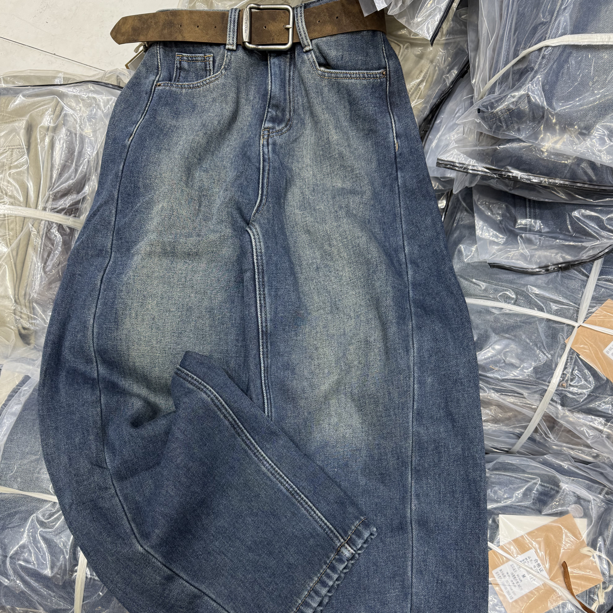 【李明】50038–8深蓝色加毛弯刀阔腿裤