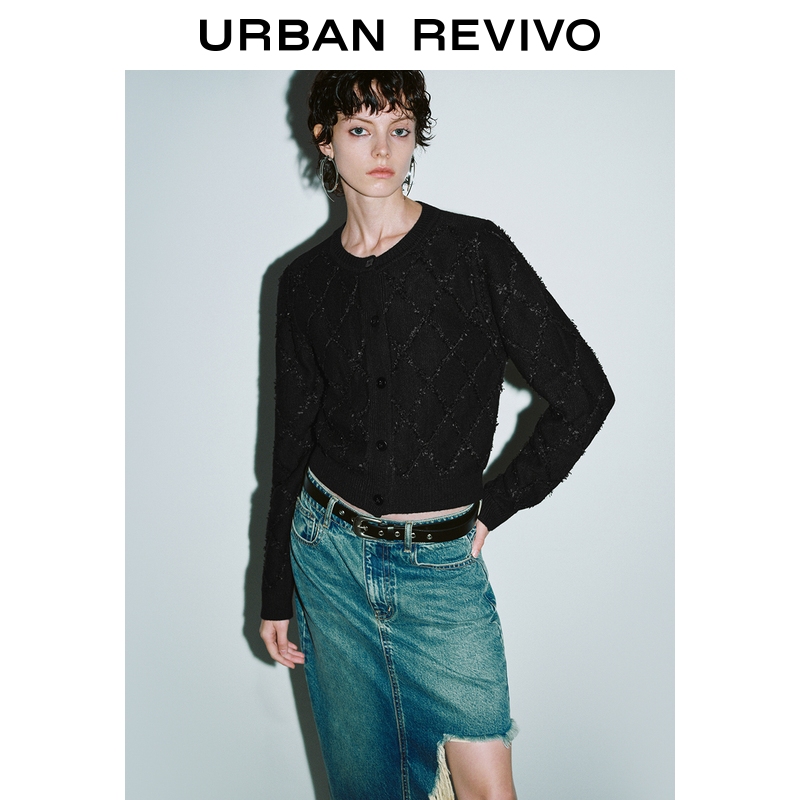 UR2026春季新款女装休闲立体菱格纹针织开衫UYY950082+