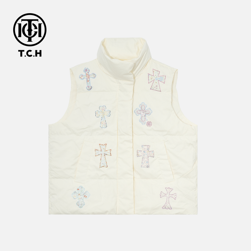 TCH私服秋冬慵懒风烫钻时尚淑女米色羽绒马甲T75D25E1012轻奢tch