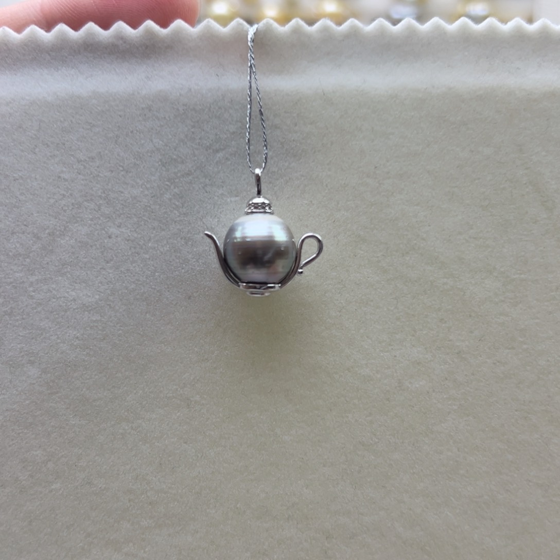银S925镶嵌吊坠(不含链)海水珍珠12.4mm大溪地把把壶