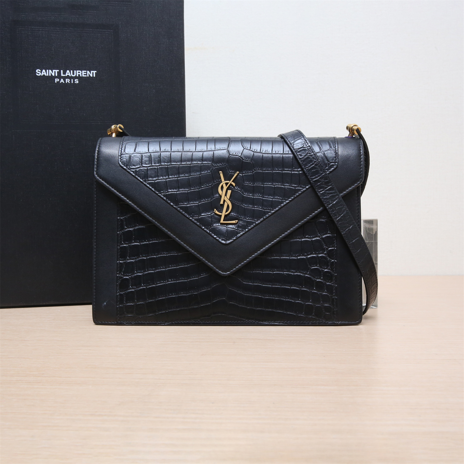 95新 YSL/圣罗兰 活动双双 鳄鱼压纹 信封包 黑色 单肩包