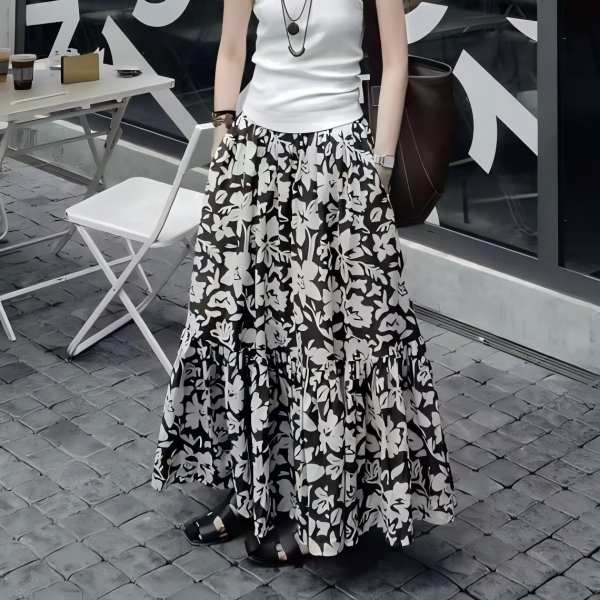 81182复古印花A字中长款半裙显瘦时尚休闲百搭通勤夏女