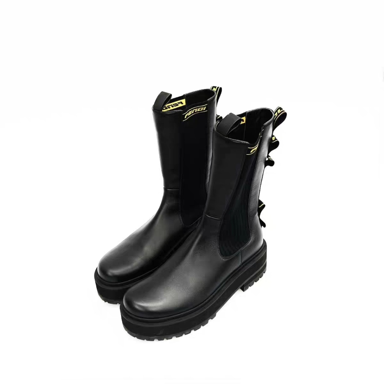 99新 FENDI/芬迪 黄色logo织带 黑色切尔西女靴37.5码0351 