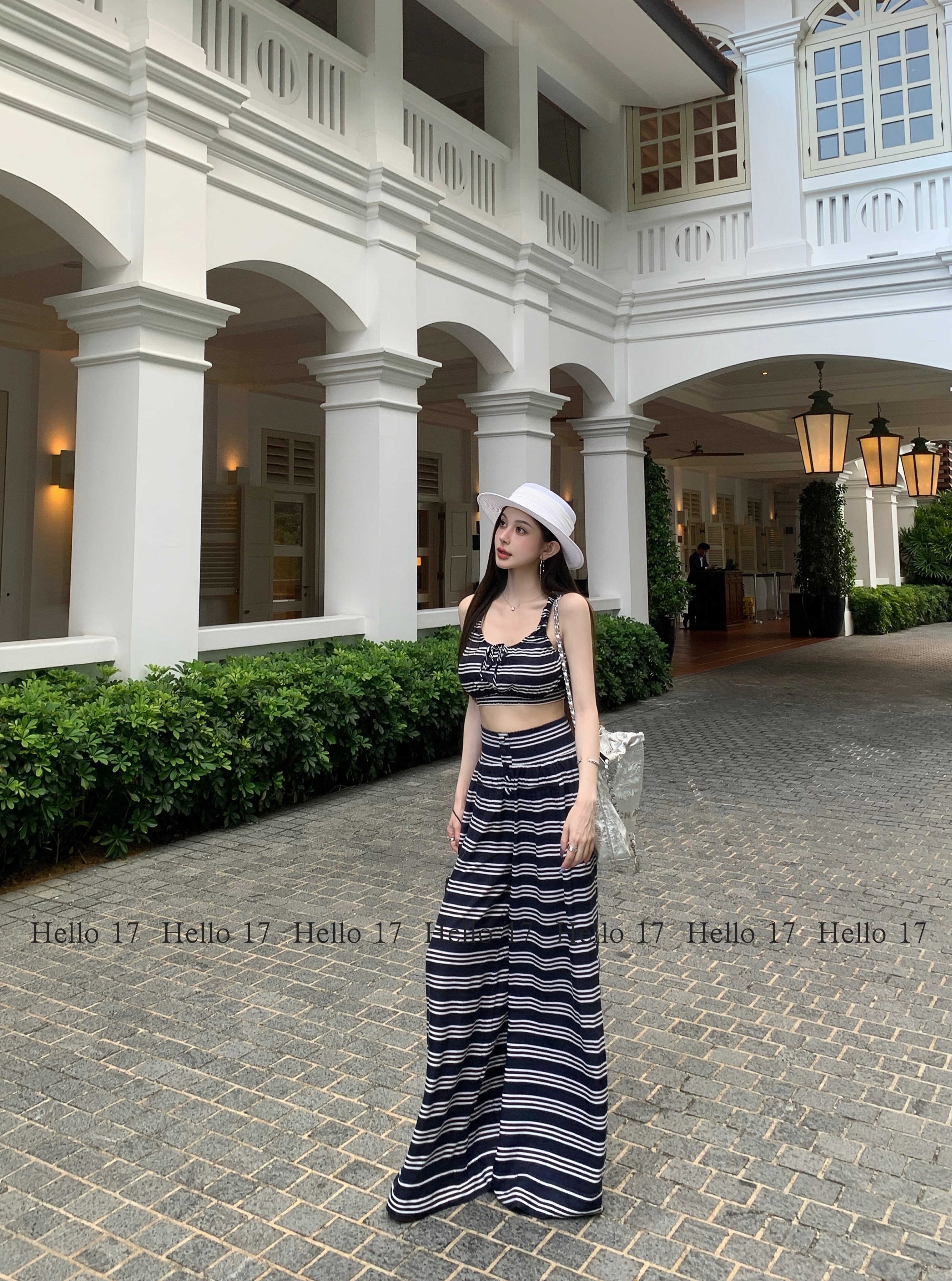 Hello 17「超模比例」亚麻蓝白条纹美式老钱休闲风显高气质宽松套装